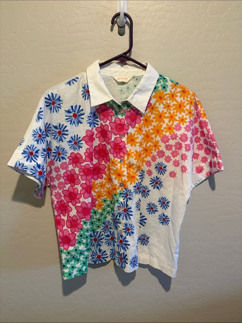 gorman White Collar Floral Patchwork Polo — Pink, Blue, Orange, Green